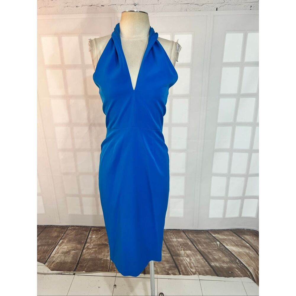 Black Halo Blue Halter Plunge Neck Open Back Sleeveless Midi Sheath Dress Size 4